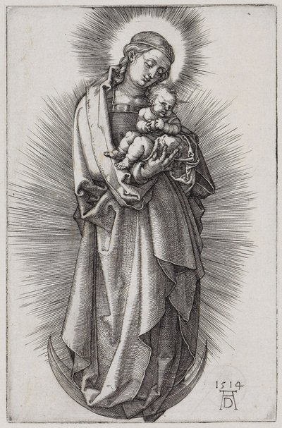 Virgem com fita no cabelo numa auréola sobre a lua crescente de Albrecht Dürer