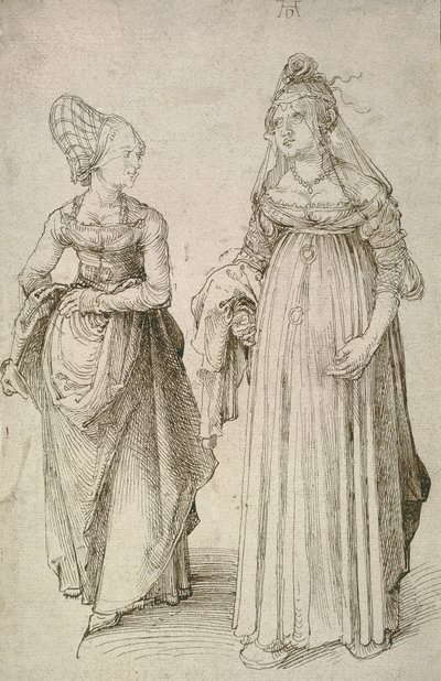 Senhora em vestido veneziano contrastado com um Nuremberg Hausfrau de Albrecht Dürer