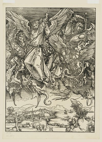 Miguel e os seus anjos combatem o dragão de Albrecht Dürer