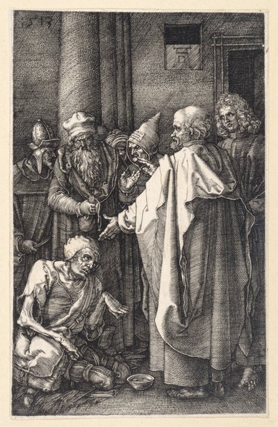 Pedro e João curando um mendigo coxo no templo (Paixão gravada) de Albrecht Dürer