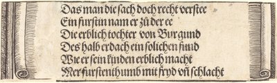 Texto impresso para "O noivado de Maximiliano com Maria da Borgonha" de Albrecht Dürer