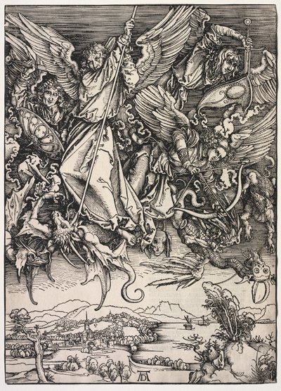 Revelação de São João: São Miguel lutando contra o dragão, 1511. de Albrecht Dürer