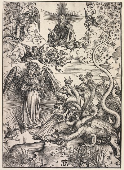 Revelação de São João: A Mulher Vestida de Sol, 1511. de Albrecht Dürer