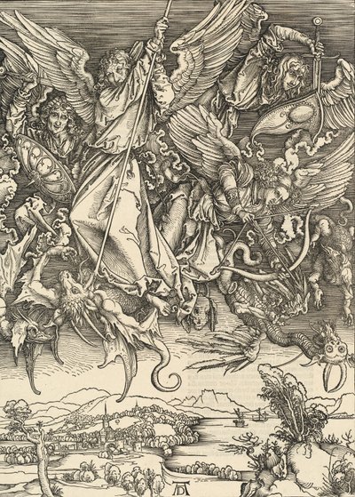 São Miguel lutando contra o dragão, 1498. de Albrecht Dürer