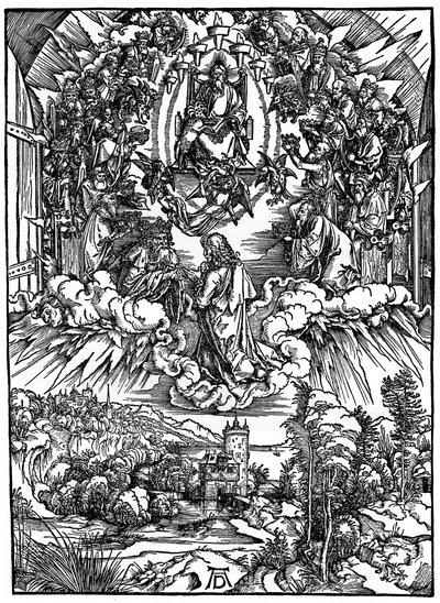 Cena do Apocalipse, São João diante de Deus Pai e dos vinte e quatro anciãos, 1498, 1936. de Albrecht Dürer