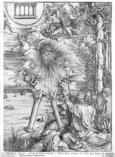 Cena, apocalipse, são, john, devouring, livro, latim, edição, 1511, (woodcut), (bw, photo) de Albrecht Dürer