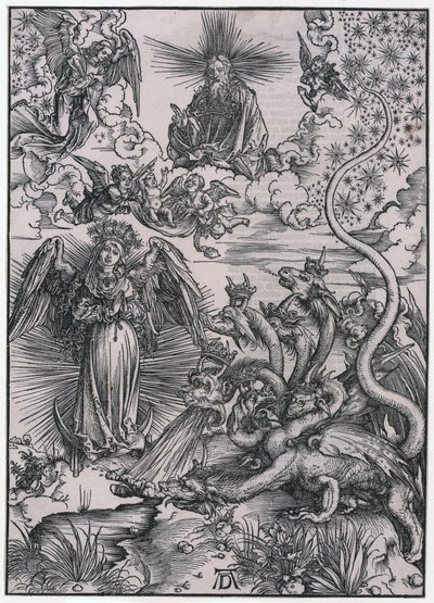 A Mulher do Sol e o Dragão de Sete Cabeças, Figura IX, Folha 11 da série «O Apocalipse» de Albrecht Dürer