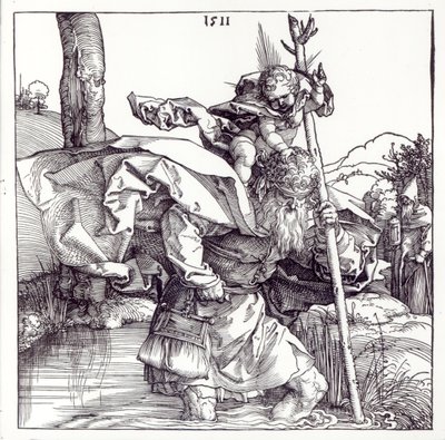 São Cristóvão carregando o Menino Jesus, 1511 (xilogravura) (bw photo) de Albrecht Dürer