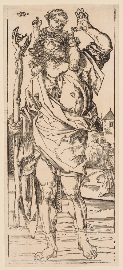 São Cristóvão, atravessando o rio, 1528. de Albrecht Dürer