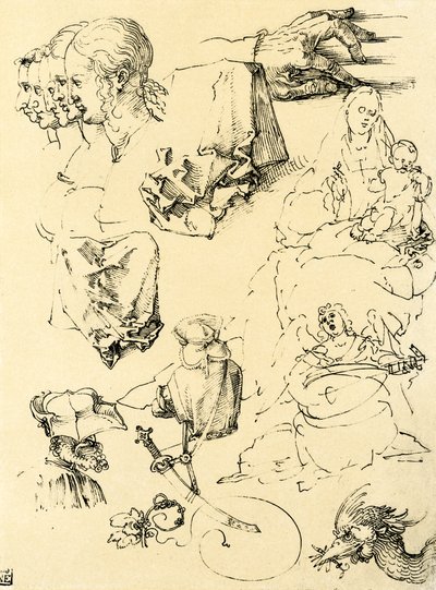 Folha de estudo com desenhos diferentes de Albrecht Dürer