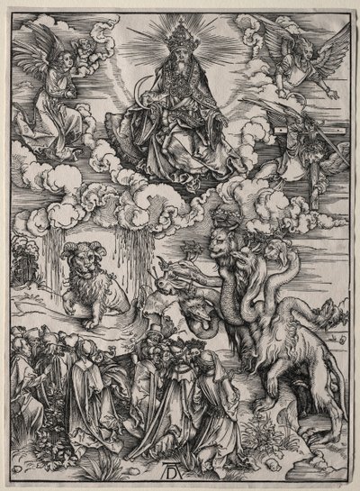 A besta com sete cabeças e a besta com chifres de cordeiros. de Albrecht Dürer