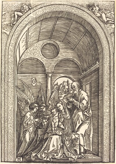 A Sagrada Família com dois anjos em um salão abobadado de Albrecht Dürer
