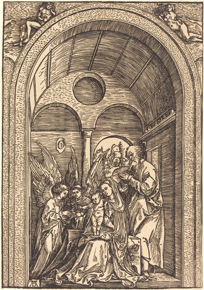 A Sagrada Família com dois anjos em um salão abobadado de Albrecht Dürer