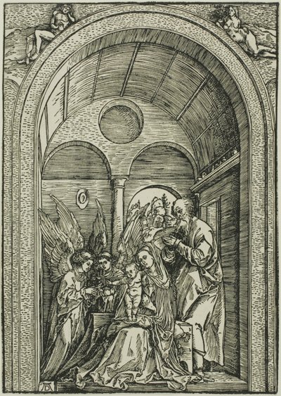 A Sagrada Família com dois anjos numa sala abobadada de Albrecht Dürer