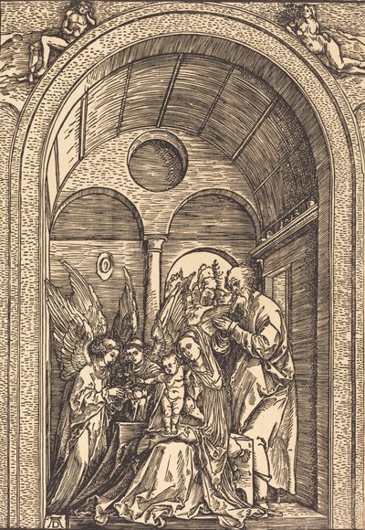 A Sagrada Família com dois anjos em um salão abobadado, c. 1504. de Albrecht Dürer