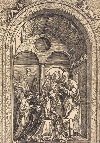 A Sagrada Família com dois anjos em um salão abobadado, c. 1504. de Albrecht Dürer