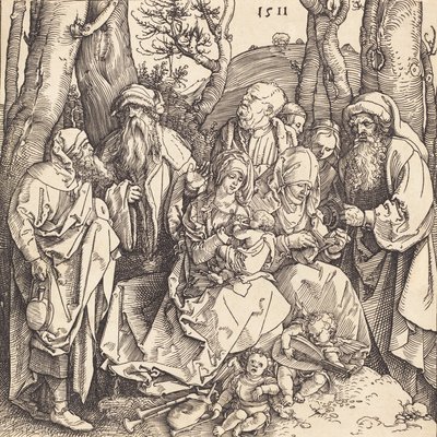A Sagrada Família com dois anjos que fazem música, 1511. de Albrecht Dürer