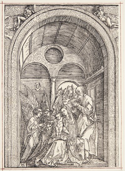 A Sagrada Família com dois anjos em um salão abobadado de Albrecht Dürer