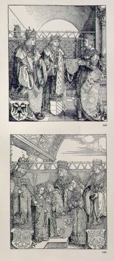 O Arco do Triunfo do imperador Maximiliano I (1459-1519): detalhe mostrando dois painéis colocados acima do portal da esquerda representando eventos na vida do Imperador Maximiliano, pub. 151728 de Albrecht Dürer