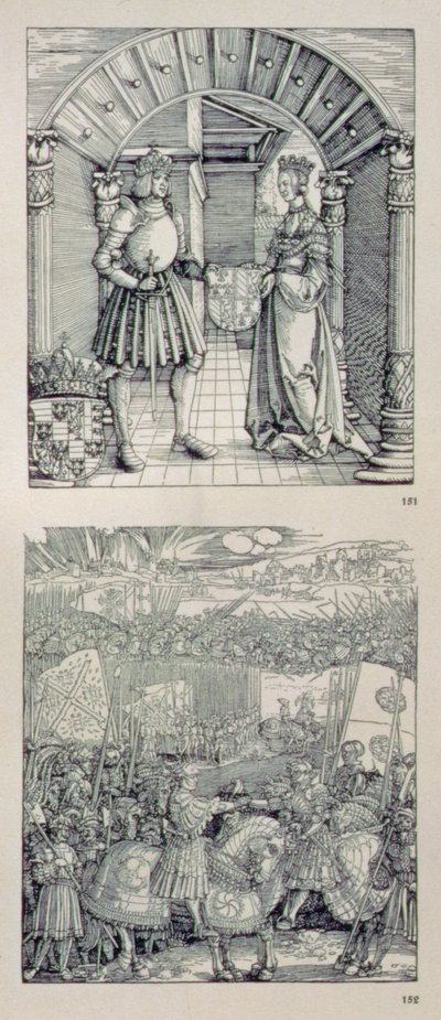 O Arco do Triunfo do imperador Maximiliano I da Alemanha (1459-1519): detalhe mostrando dois painéis colocados acima do portal da esquerda representando (em cima) Maximiliano I e sua primeira esposa Maria da Borgonha (1457-82) de Albrecht Dürer
