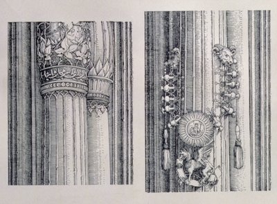 O Arco do Triunfo do Imperador Maximiliano I da Alemanha (1459-1519): dois detalhes das Portas centrais de Honra e Poder mostrando coluna à esquerda e enfeites de capital, datados de 1515, pub. 151718 (wo de Albrecht Dürer