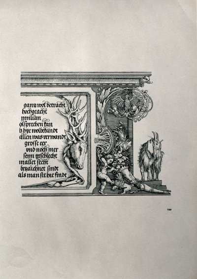 O Arco do Triunfo do Imperador Maximiliano I da Alemanha 1459-1519: detalhe de uma pele de veado com uma inscrição elogiando as conexões da família dos imperadores, com uma cabra de orelhas caídas, símbolo da intensidade do calor de Albrecht Dürer