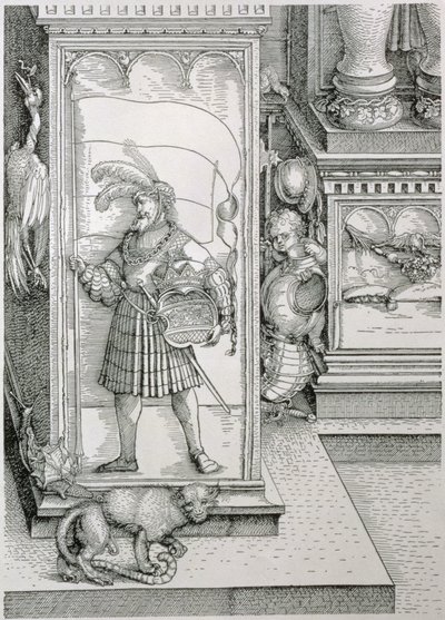 O Arco do Triunfo do imperador Maximiliano I da Alemanha 1459-1519: detalhe da base da coluna do portal com um relevo esculpido de uma figura masculina carregando um padrão e um brasão coroado, pub. 151718 woodc de Albrecht Dürer
