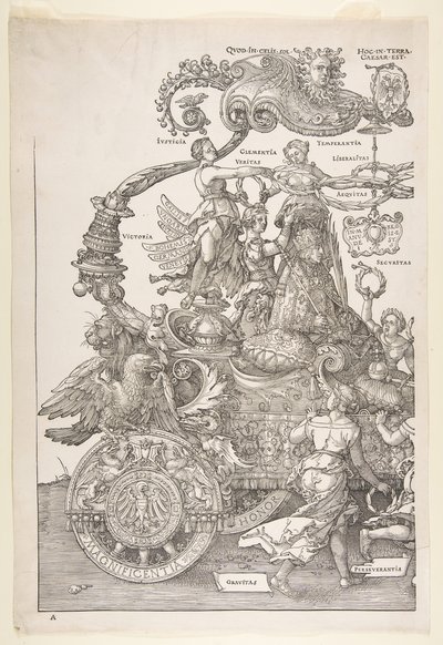 A Carruagem Triunfal de Maximiliano I, o Grande Tri ..., provavelmente terminou em ca. 1518, publicado em 1522. de Albrecht Dürer
