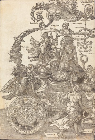 A Carruagem Triunfal de Maximiliano I O Grande Carro Triunfal [placa 1 de 8], 1523 Latin ed.. de Albrecht Dürer