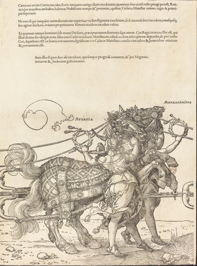 A Carruagem Triunfal de Maximiliano I O Grande Carro Triunfal [placa 7 de 8], 1523 Latin ed.. de Albrecht Dürer