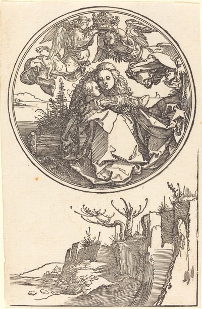 A Virgem coroada por dois anjos sobre uma paisagem de Albrecht Dürer