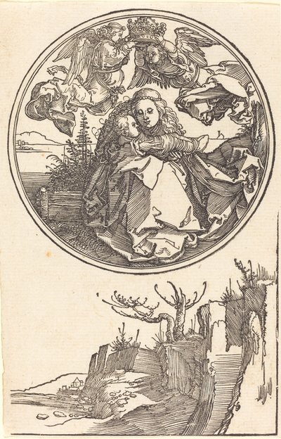 A Virgem Coroada por Dois Anjos sobre uma Paisagem, em ou antes de 1515. de Albrecht Dürer