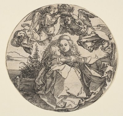 A Virgem e o Menino, coroados por dois anjos, acima de uma paisagem recortada, ca. 1504 de Albrecht Dürer