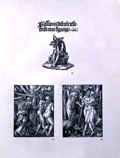Três páginas da série Small Passion: (top) titlepage com Cristo como o Homem das Dores e uma inscrição latina; (esquerda) A Expulsão do Paraíso; (direita) Adão e Eva, pub. 1511 de Albrecht Dürer