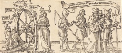 Tempo e uma raposa girando a roda da fortuna com pessoas de todas as classes à direita, provavelmente 1526. de Albrecht Dürer