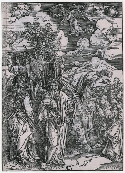 Quatro anjos a conter os ventos / O selamento dos eleitos, V. Figura, folha 7 da série «O Apocalipse» de Albrecht Dürer