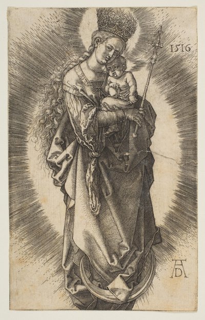 Virgem sobre a lua crescente com ceptro e coroa estrelada de Albrecht Dürer