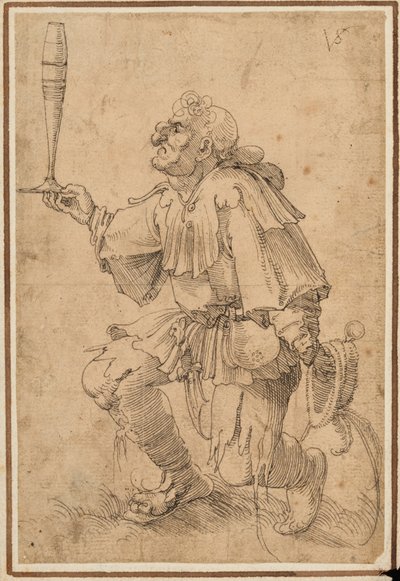 Um homem grotesco ajoelhado, segurando um copo de cerveja alto na sua base de Albrecht Dürer