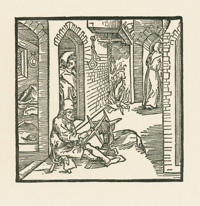 Um fabricante de cordas vê um monge a sair do quarto da sua esposa infiel de Albrecht Dürer or Duerer