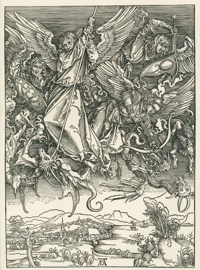 Arcanjo Miguel lutando contra o Dragão. O Apocalipse de São João, c.1498 (xilogravura) de Albrecht Dürer or Duerer