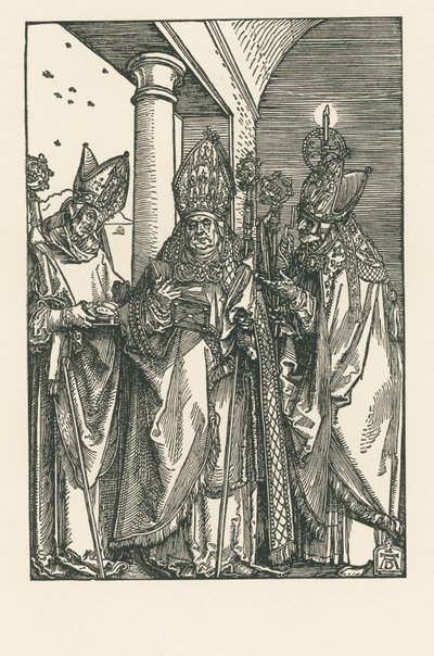 Bispo São Nicolau, santos Ulrich e Erasmo, c.1505 (xilogravura) de Albrecht Dürer or Duerer