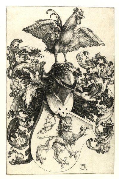 Brasão de armas com leão e galo. 1502-03 de Albrecht Dürer