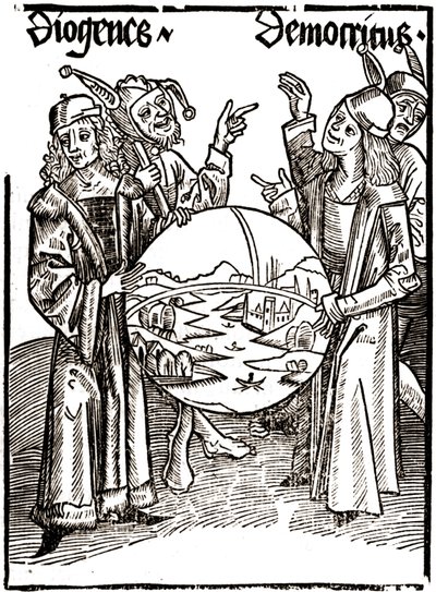 Diogenes (-413 - - -327) e Democritus (-460 - -370) - em "Das Narrenschif (Le bateau des fools)" de Sébastien Brandt (1458 - 1521). Gravação. de Albrecht Dürer