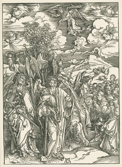 Quatro anjos a controlar os ventos e a assinatura dos eleitos. O Apocalipse de São João, c.1497-98 (xilogravura) de Albrecht Dürer or Duerer