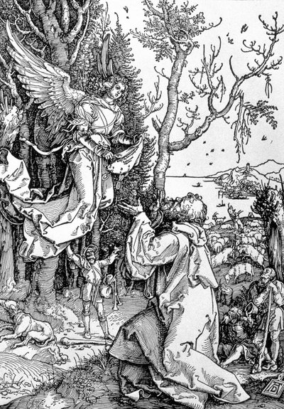 Joaquim e o Anjo da série &39;Vida da Virgem&39;, pub. 1511 (xilogravura) de Albrecht Dürer