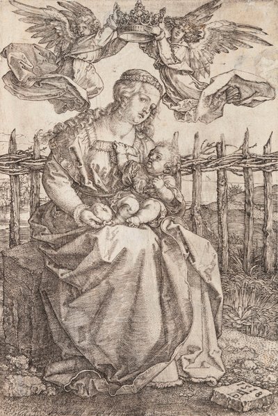 A Virgem Maria coroada por dois anjos - Gravura em cobre de Albrecht Durer (1471-1528) de Albrecht Dürer