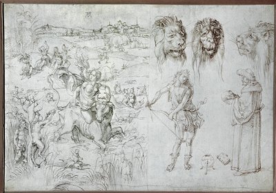 Violação de Europa, cabeças de leão, arqueiro, sábio, caveira (desenho) de Albrecht Dürer or Duerer
