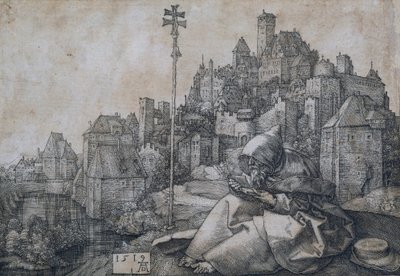 Santo António sentado em frente de uma cidade - Gravura em cobre de Albrecht Durer (1471-1528) de Albrecht Dürer