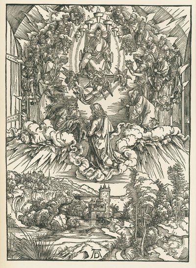 São João diante de Deus e dos vinte e quatro Anciãos no Céu. O Apocalipse de São João, c.1496 (xilogravura) de Albrecht Dürer or Duerer