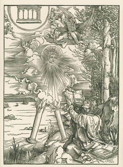 São João devorando o Livro apresentado pelo Anjo. O Apocalipse de São João, c.1498 (xilogravura) de Albrecht Dürer or Duerer